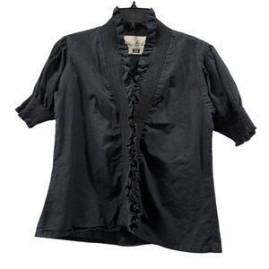 Fox & Hen Black Ruffle Trim Snap Front Blouse Top Size XS